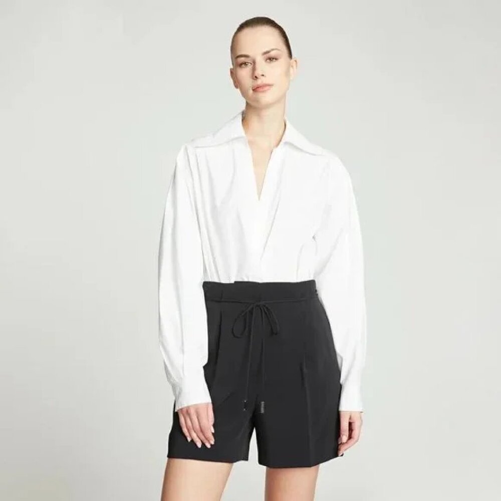 NWT Halston Corey Shirting Bodysuit White Cotton Poplin